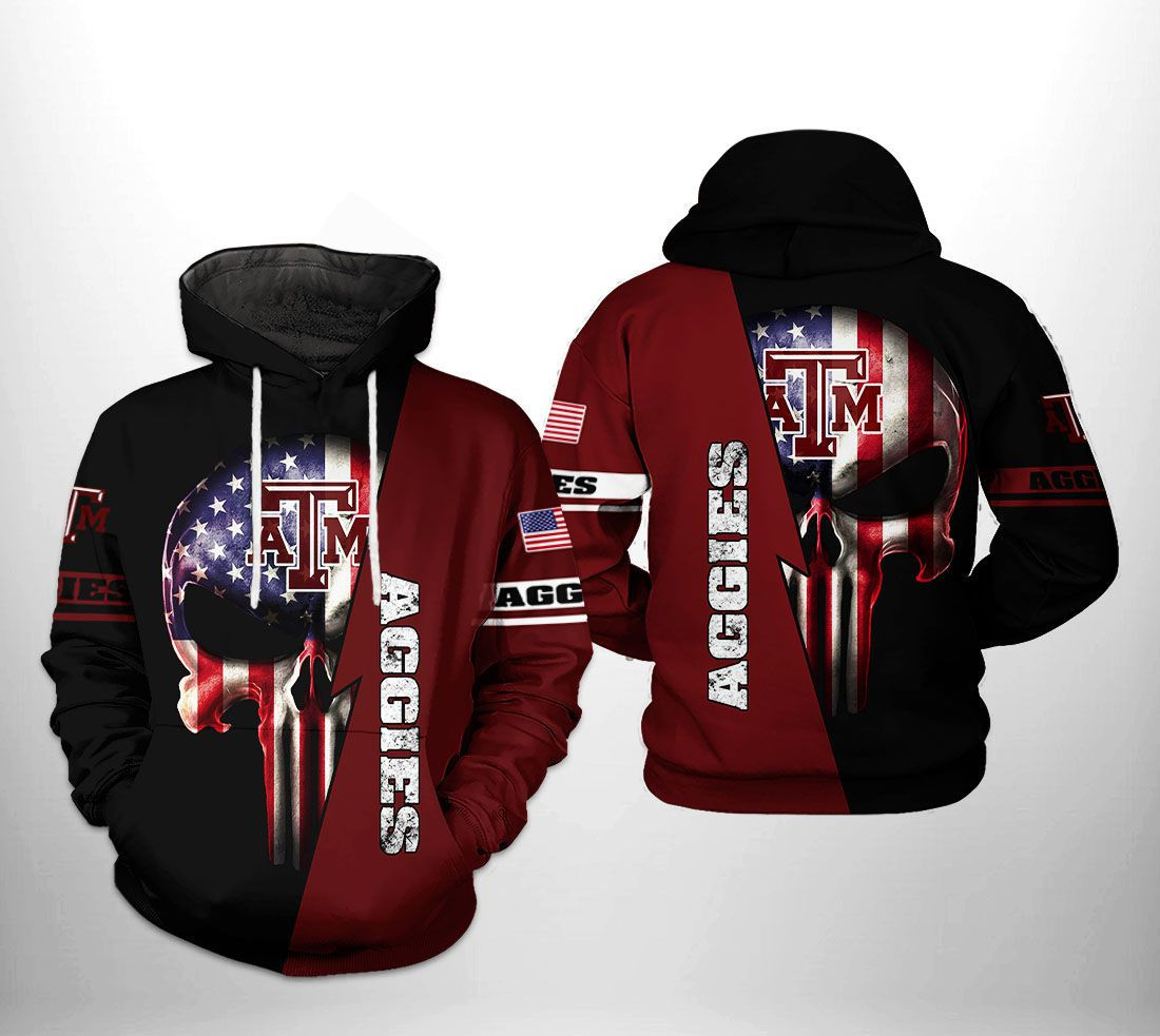 Texas A&M Aggies US Flag Skull 3D All Over Print Hoodie & Zip Hoodie