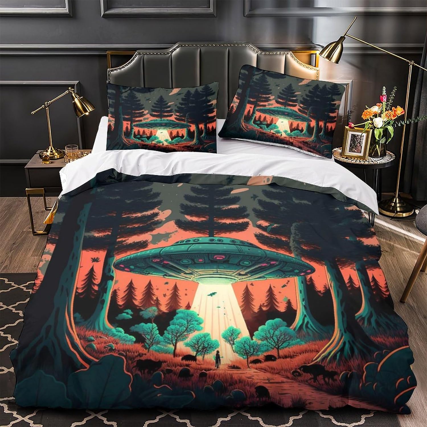 UFO Bedding Set UFO Kidnap Animal In Forest Duvet Covers