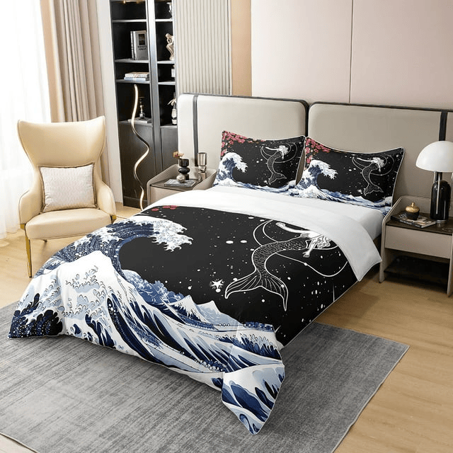 Mermaid Bedding Set Mermaid And The Great Wave Duvet Covers Black
