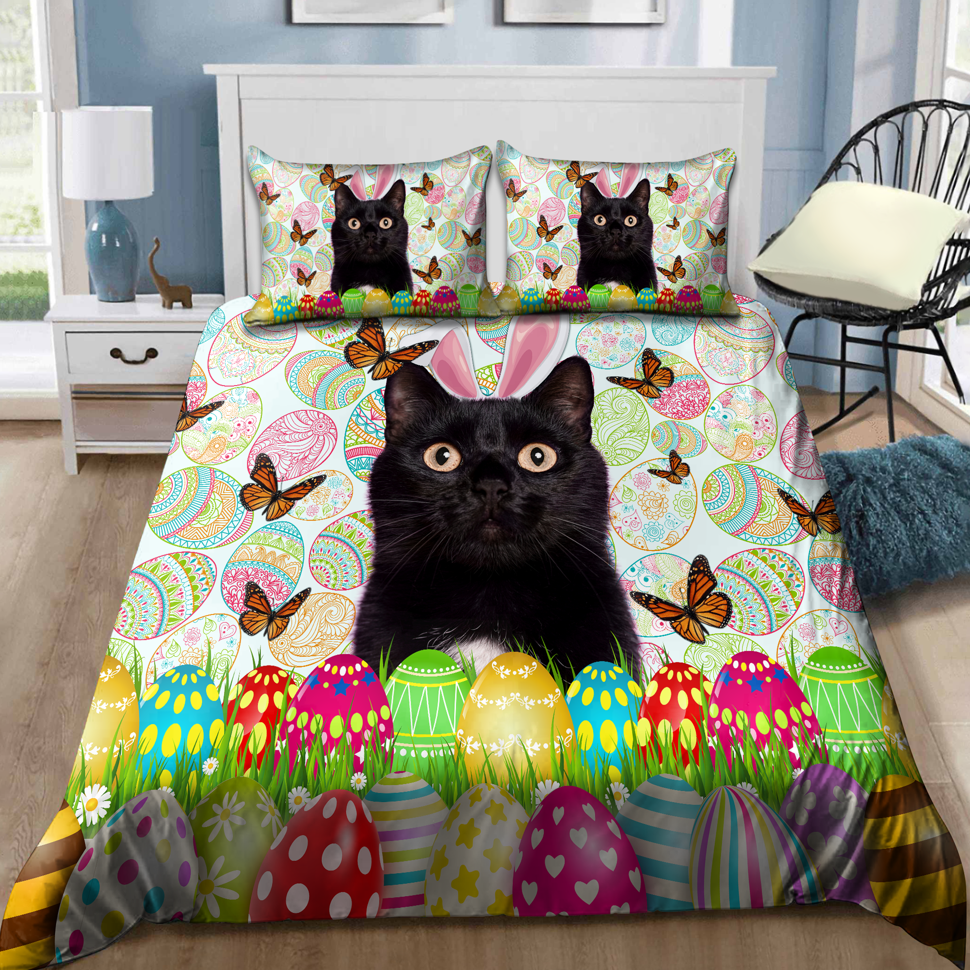 Cat Bedding Set Easter Day Black Cat Egg Pattern Duvet Covers
