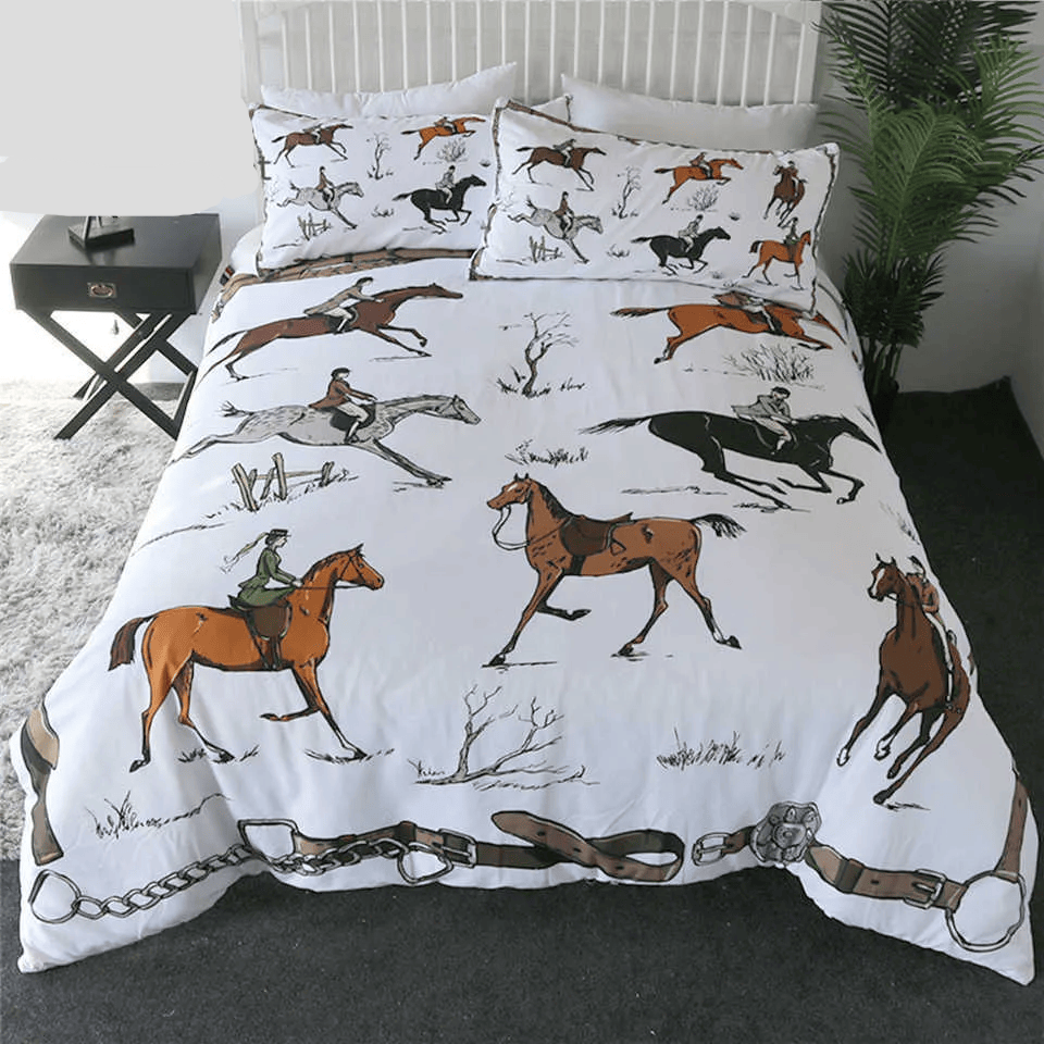 Horse Bedding Set Rising Horse In The Wild Pattern Duvet Covers White
