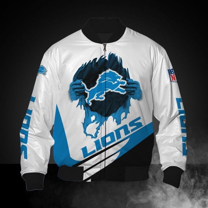 Detroit Lions White Blue Bomber Jacket