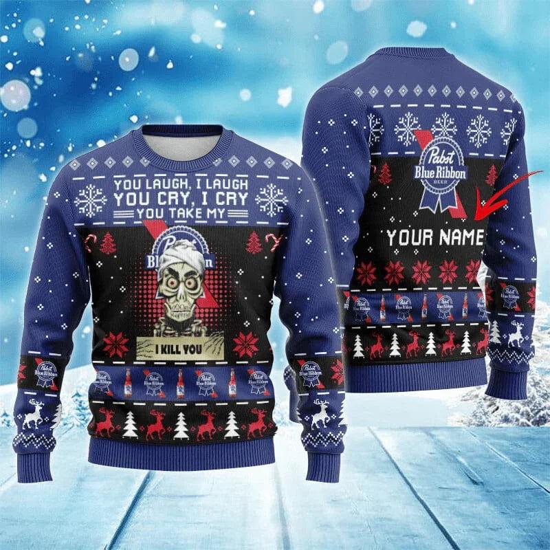 Personalized Pabst Blue Ribbon Funny Skeleton Ugly Christmas Sweater