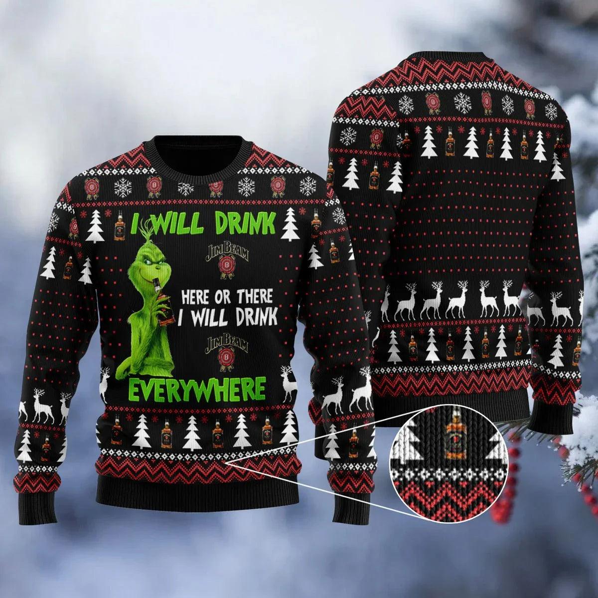 Jim Beam Grinch Will Drink Everywhere Ugly Christmas Sweater