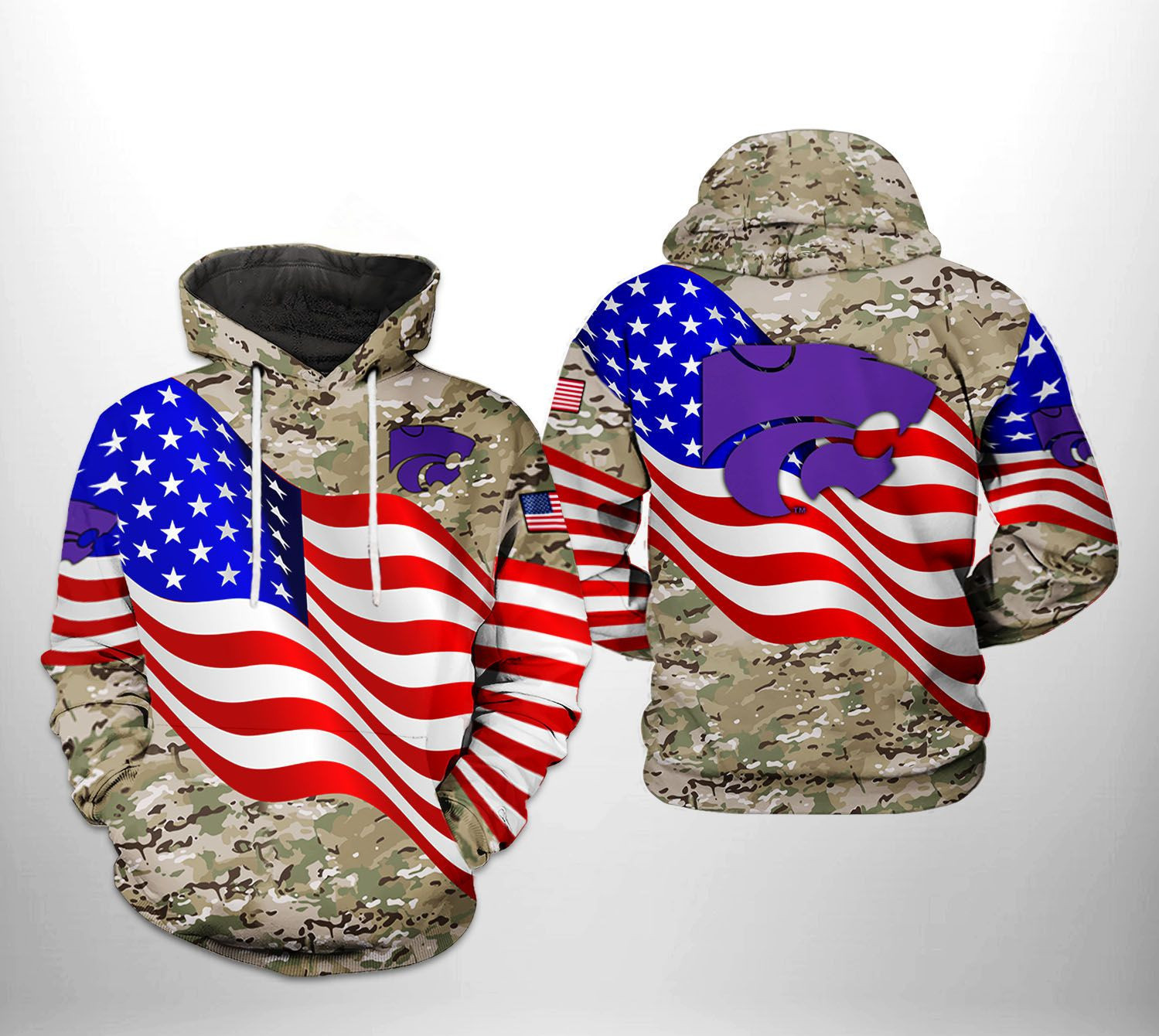 Kansas State Wildcats US Flag Camo Veteran 3D All Over Print Hoodie & Zip Hoodie
