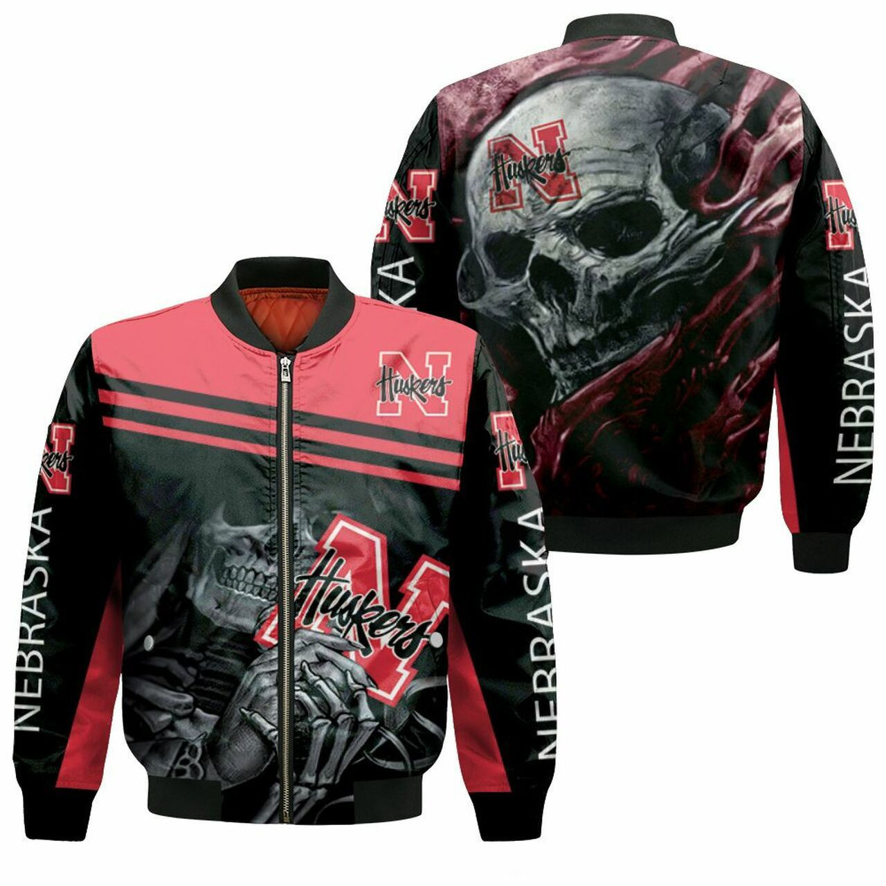 Nebraska Cornhuskers Red Black Skull Bomber Jacket