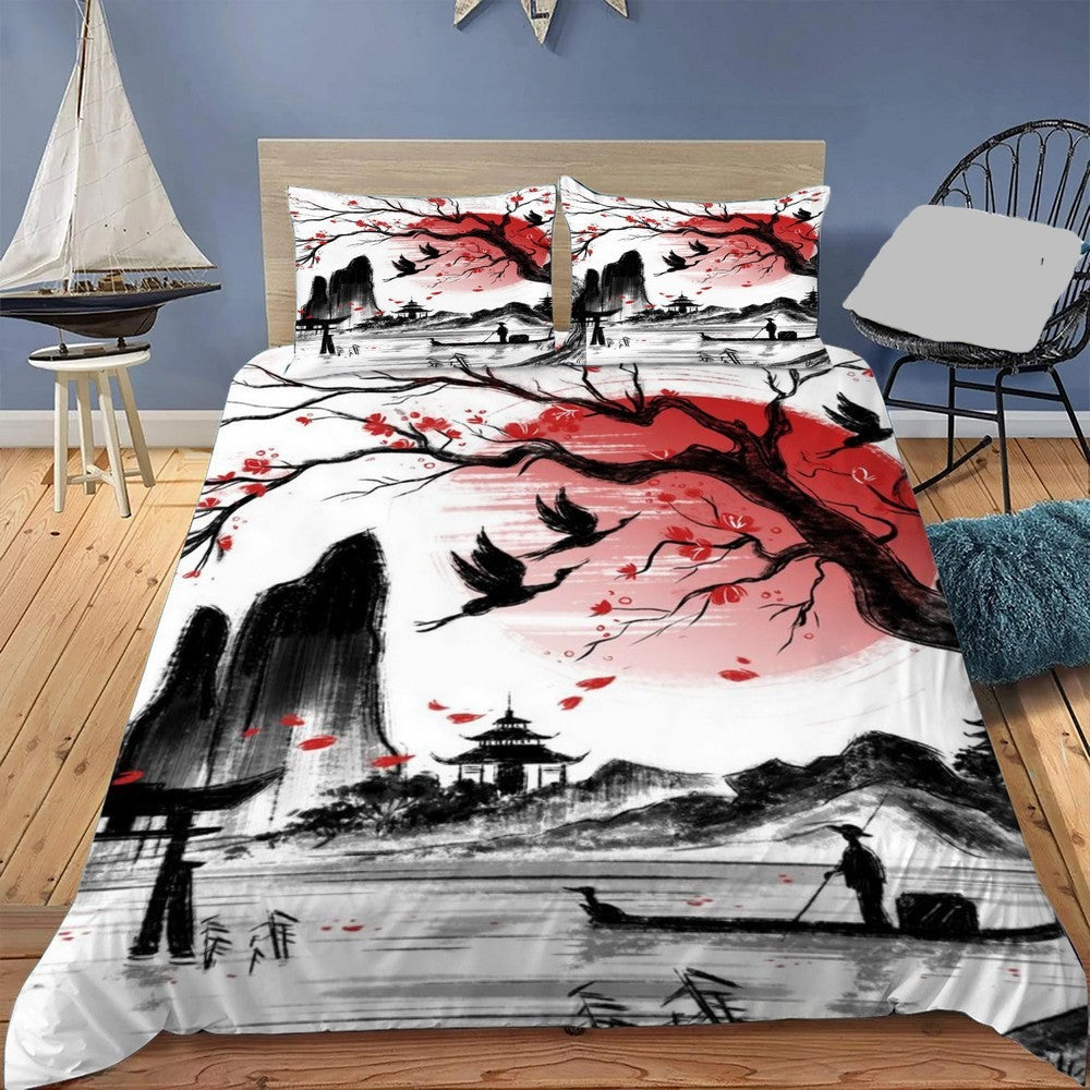 Japan Bedding Set Japanese Scenery Sumi-e Art Style Duvet Covers Black