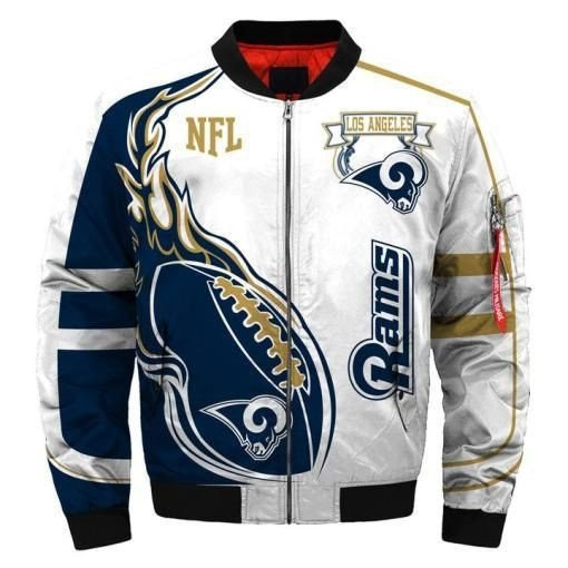 Los Angeles Rams Rugby Ball White Blue Bomber Jacket