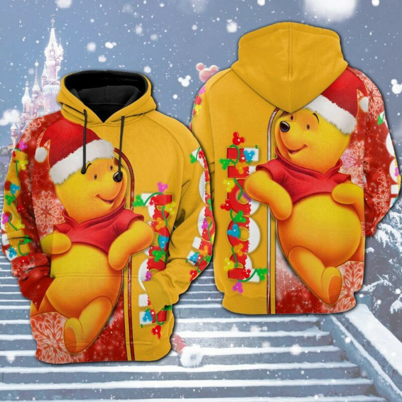 Winnie The Pooh With Christmas Hat And Light Red Yellow 3d Hoodie Zip Hoodie