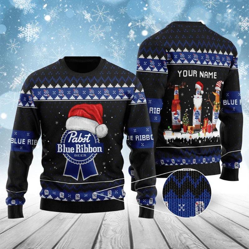 Personalized Pabst Blue Ribbon Bottle Santa Ugly Christmas Sweater