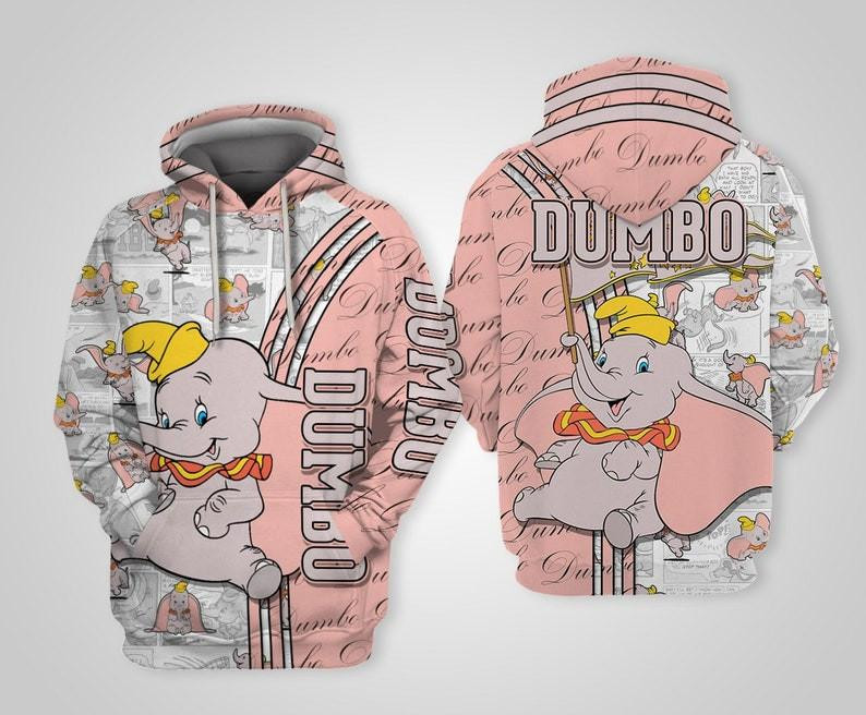 Cute Dumbo The Flying Elephant Cartoon, Dumbo Signature, Dumbo Comics Book Patterns All Over Print Hoodie, Zip Hoodie