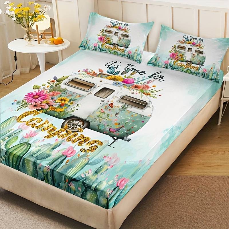 Camping Bedding Set It's Time For Camping Cactus Pattern Duvet Covers White
