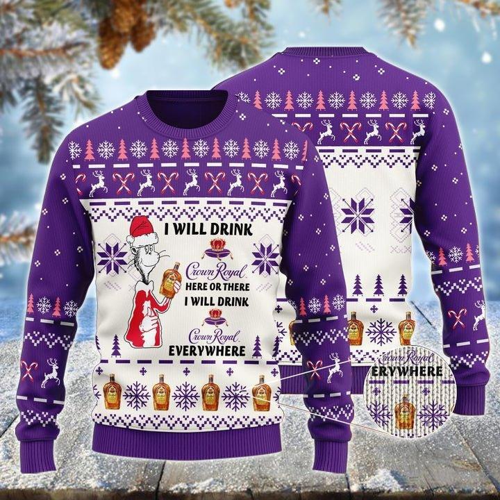 Crown Royal Cat Hat Will Drink Everywhere Ugly Christmas Sweater