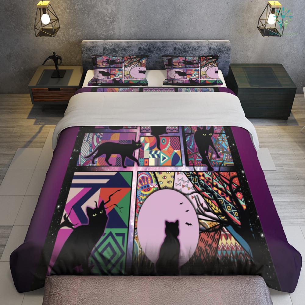 Cat Bedding Set Black Cat And Moon Pattern Duvet Covers Black