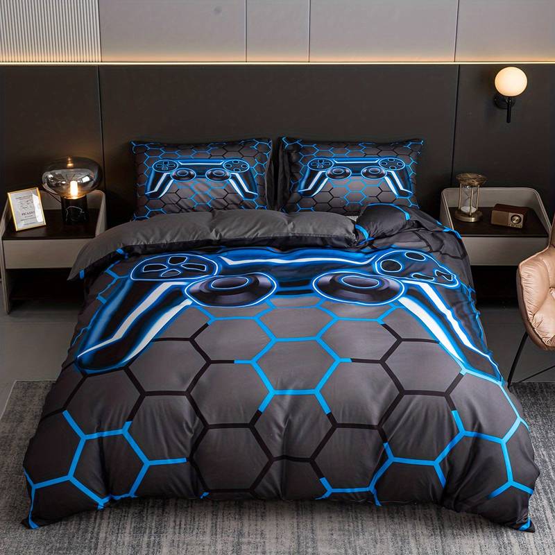 Game Bedding Set Game Controller Console Octagon Shapes Duvet Covers Gray