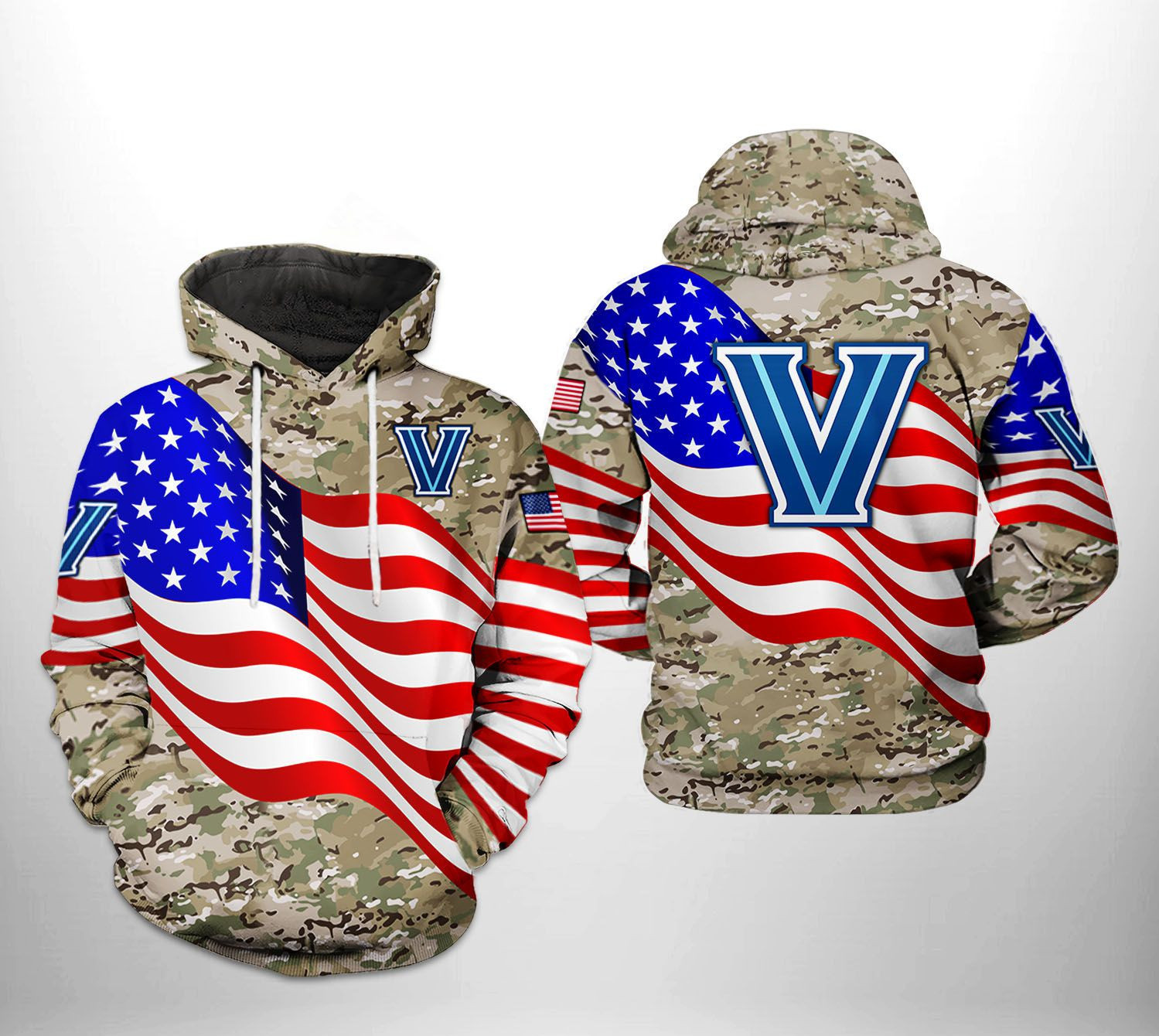 Villanova Wildcats US Flag Camo Veteran 3D All Over Print Hoodie & Zip Hoodie