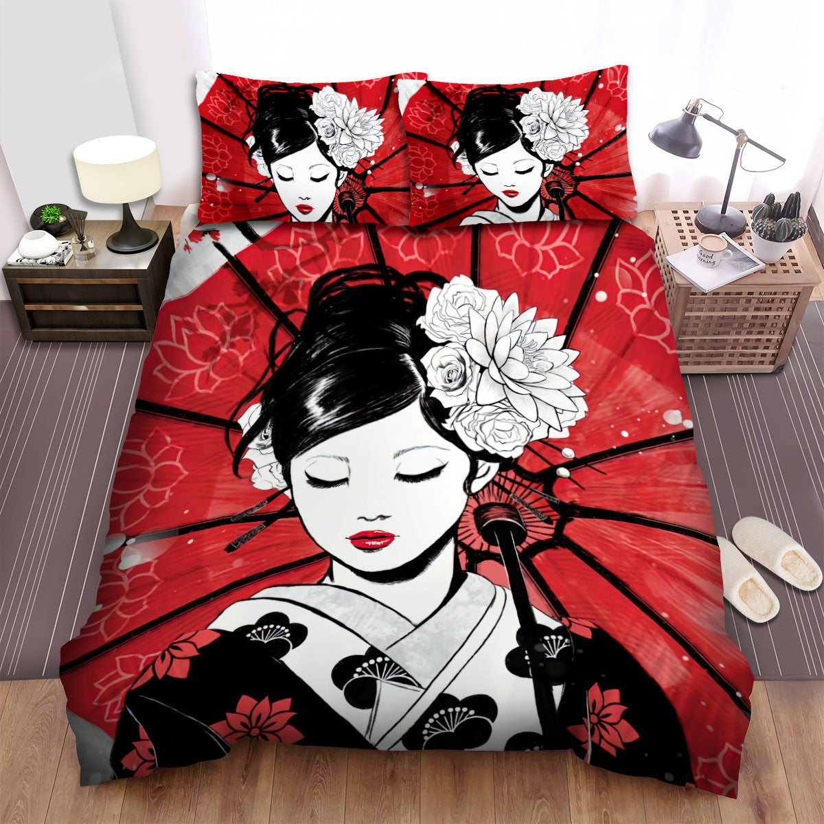Japan Bedding Set Japan Art Geisha With Umbrella Duvet Covers Black