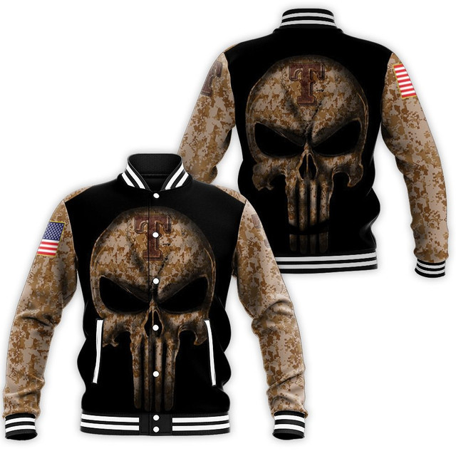 Texas Rangers Camouflage Skull American Flag Baseball Jacket