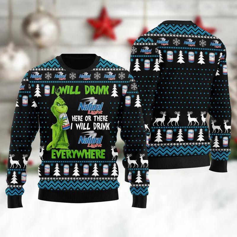 Natural Light Grinch Will Drink Everywhere Ugly Christmas Sweater