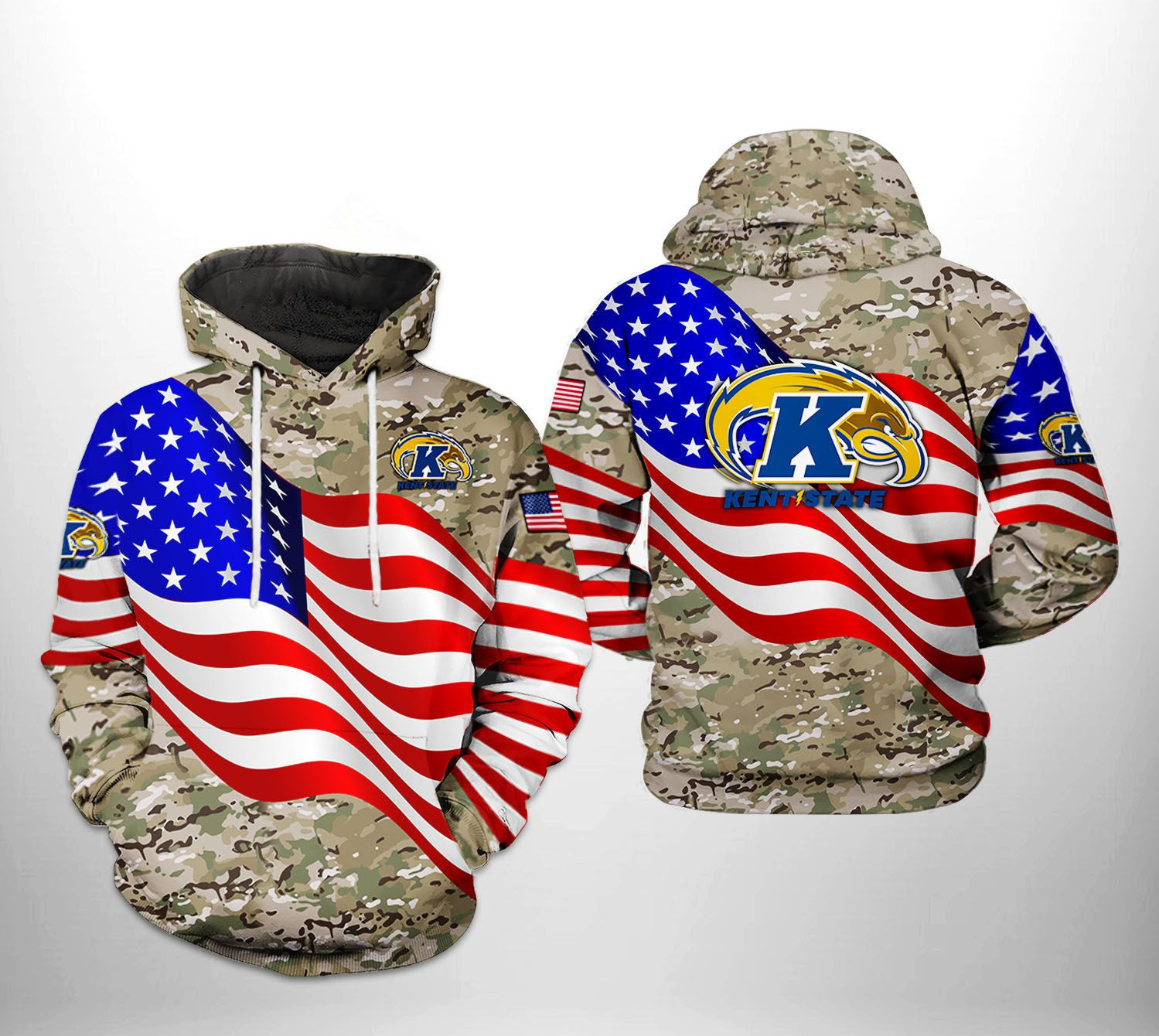 Kent State Golden Flashers US Flag Camo Veteran 3D All Over Print Hoodie & Zip Hoodie