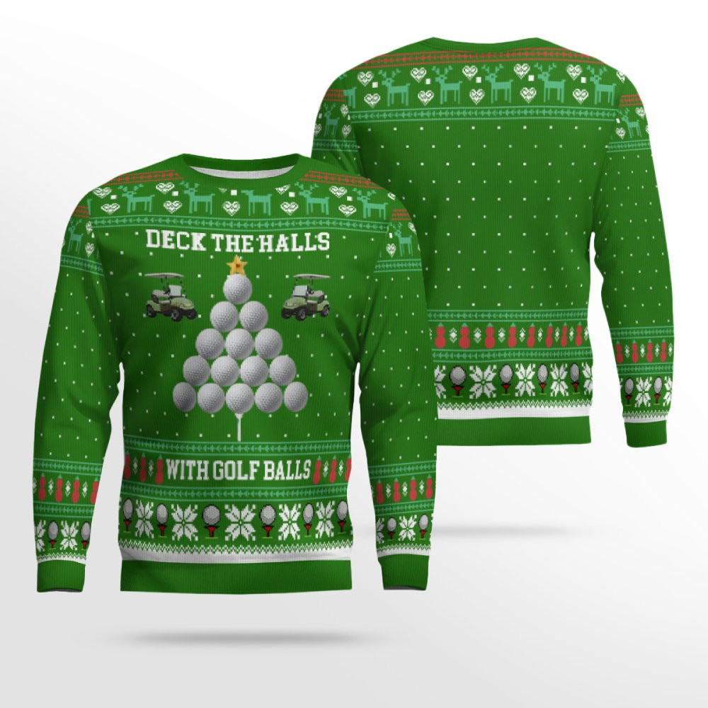 2025 Christmas Deck the Halls with Golf Balls Ugly Sweater Green