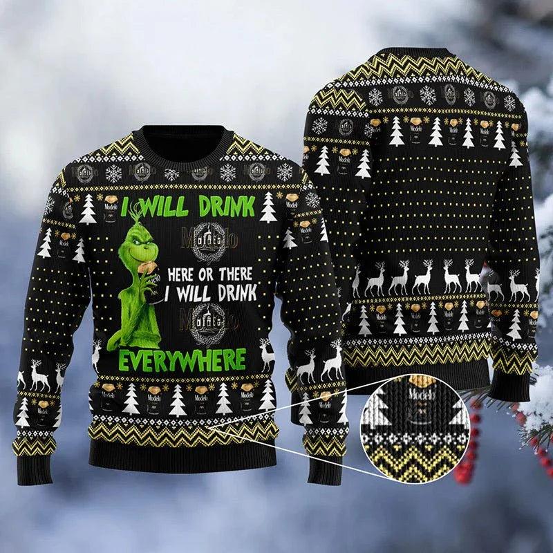Modelo Negra Grinch Will Drink Everywhere Ugly Christmas Sweater