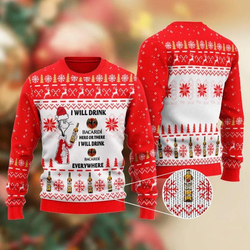 Bacardi Cat Hat Will Drink Everywhere Ugly Christmas Sweater
