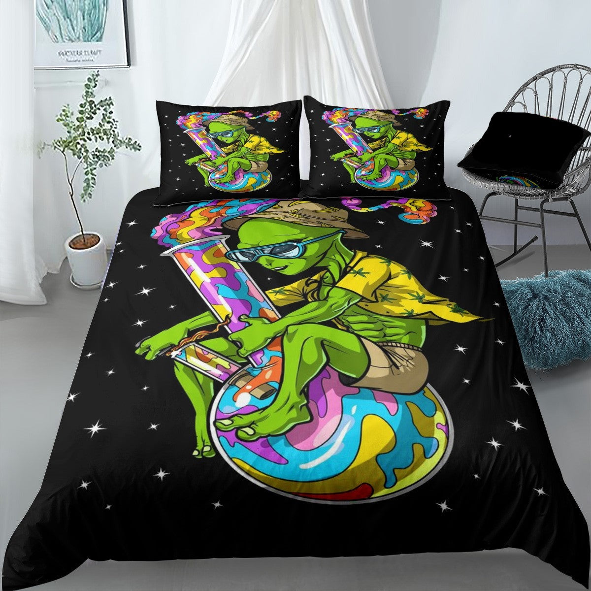 Alien Bedding Set Alien Stoner Weed Bong Duvet Covers Black