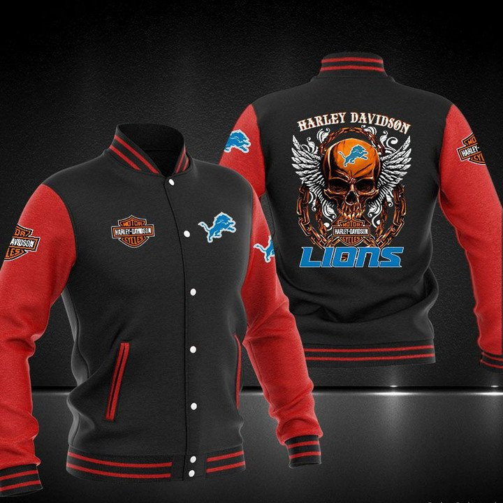 Detroit Lions Black Red Skull Baseball Jacket V2