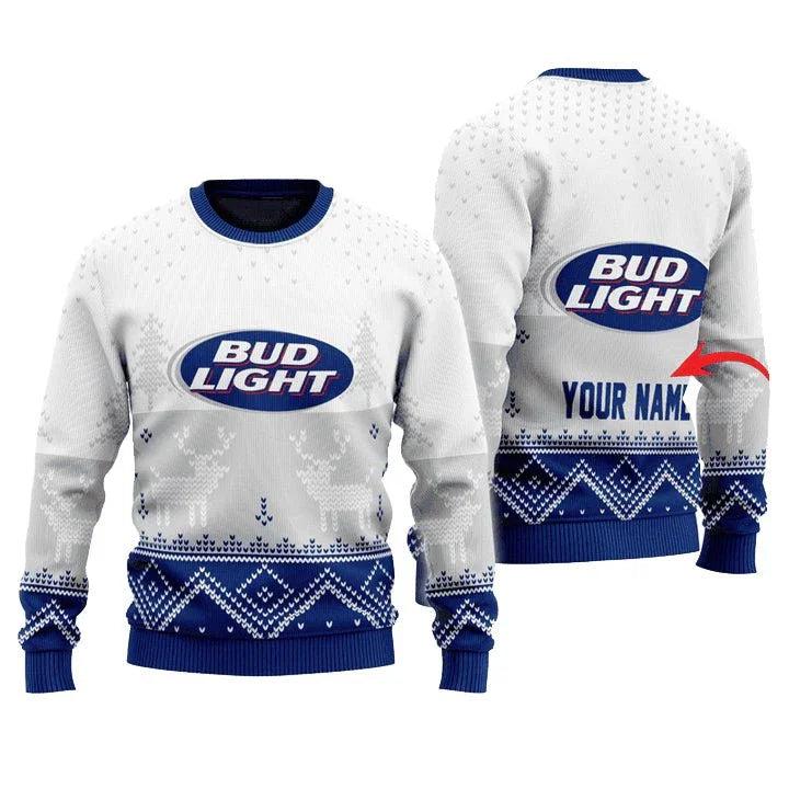 Personalized Bud Light Winter Reindeer Ugly Christmas Sweater