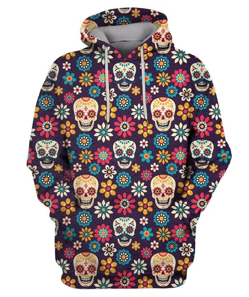 SUGAR SKULLS AND FLOWERS ON DARK 3D All Over Print Hoodie & Zip Hoodie