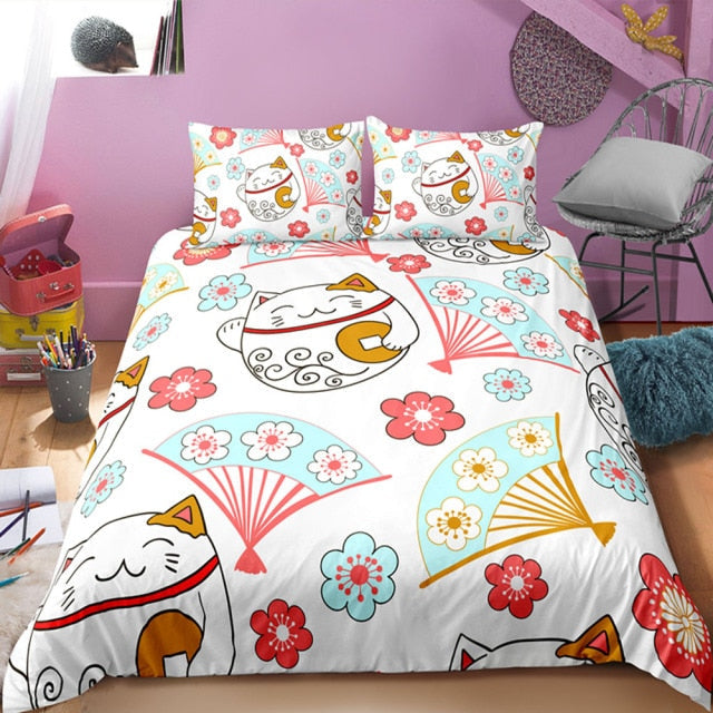 Japan Bedding Set Japanese Maneki Neko Fan Pattern Duvet Covers