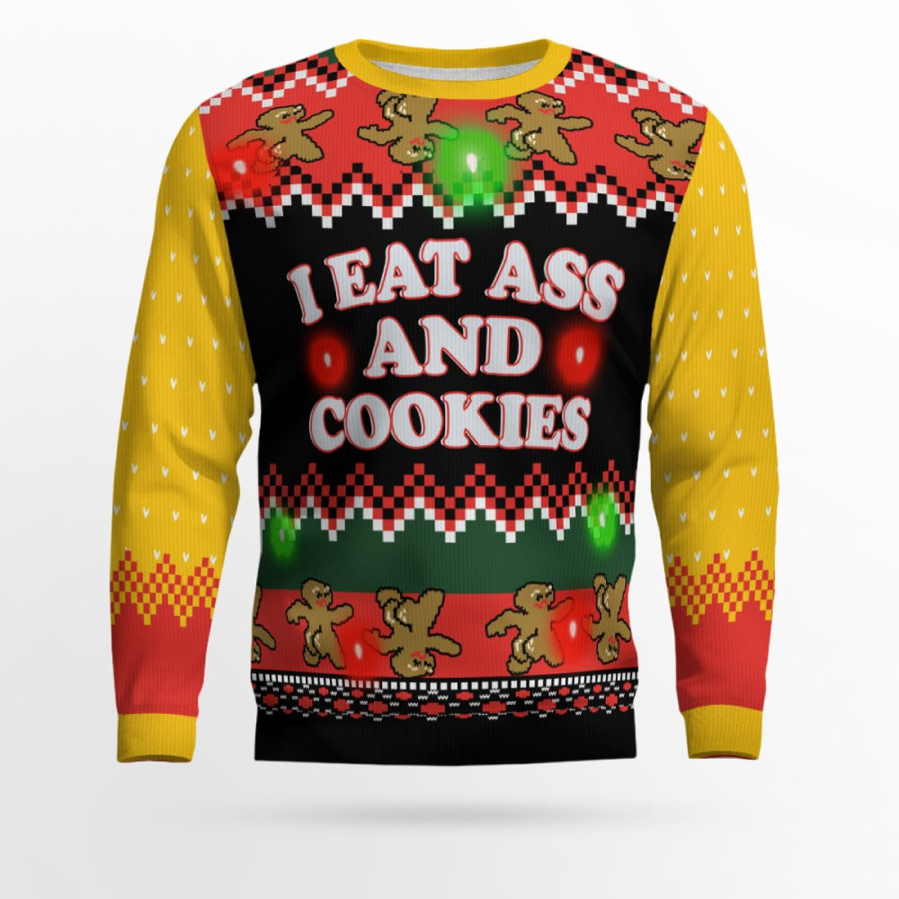 I Eat Ass and Cookies Ugly Christmas Sweater Gold Metallic