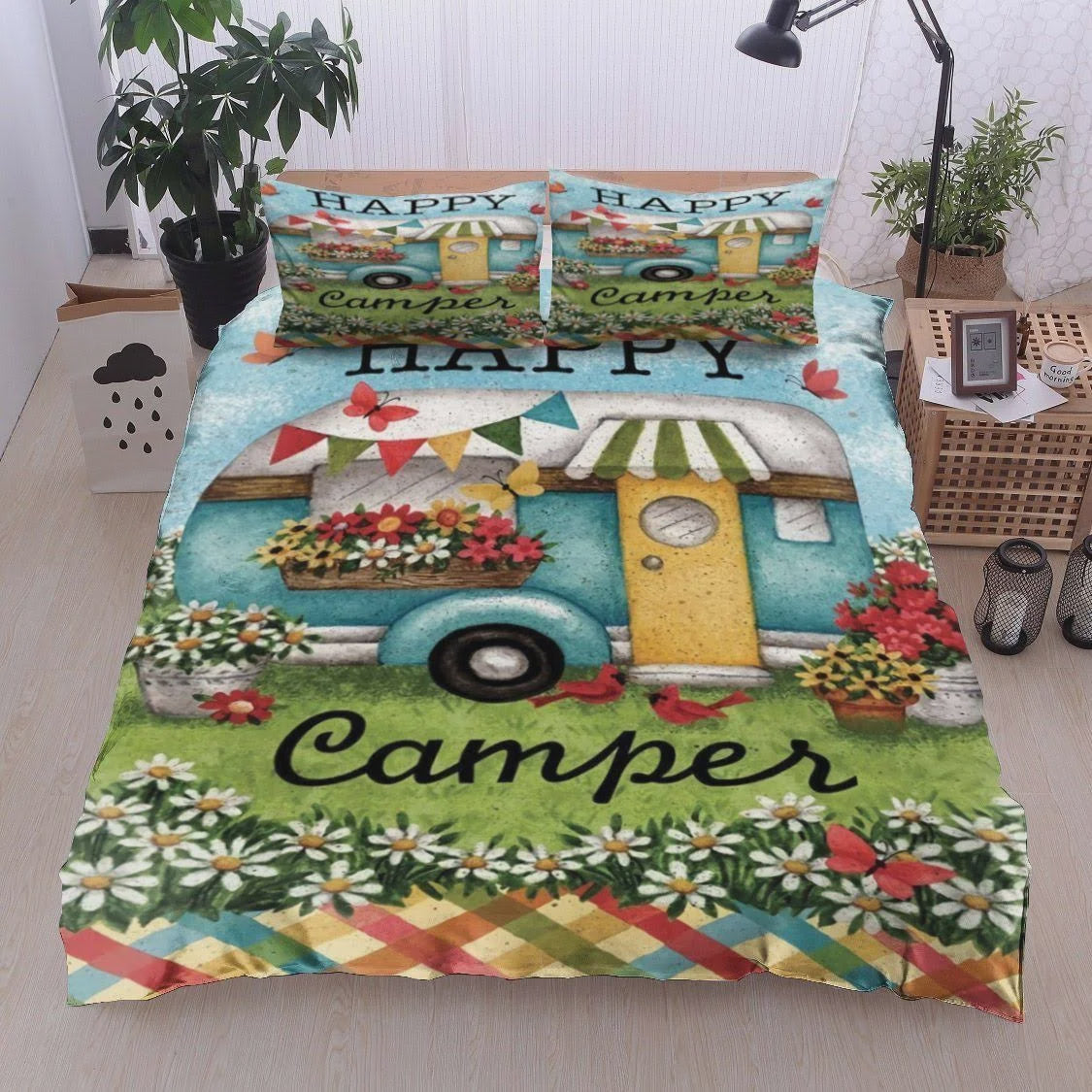Camping Bedding Set Happy Camper Daisy Flowers Pattern Duvet Covers