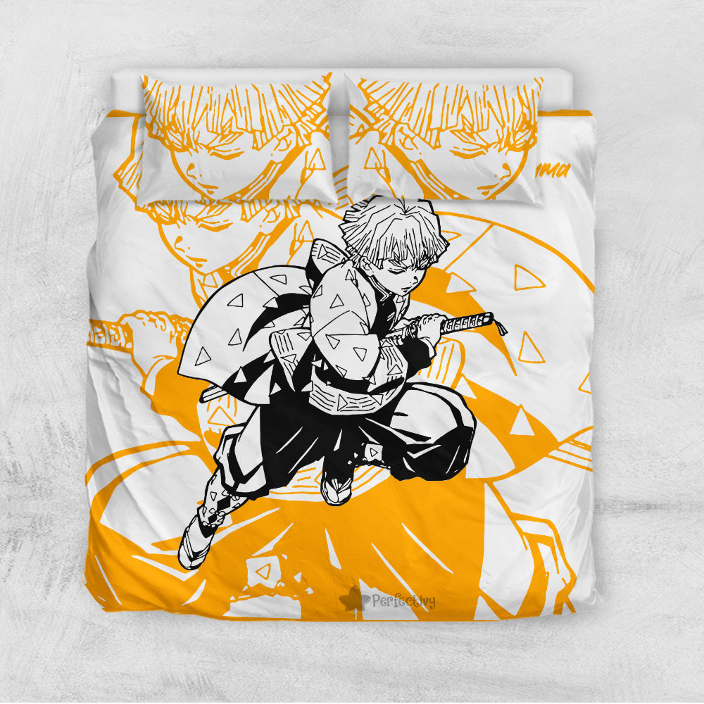 Demon Slayer Bedding Set Zenitsu Agatsuma Fighting Scene Duvet Covers Orange
