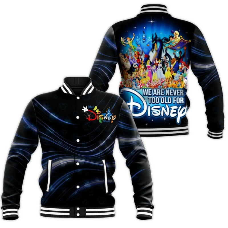 We Are Never Too Old For Snow Princess Peter Pan Tinkle Bell Aladdin Dumbo Baseball Jacket