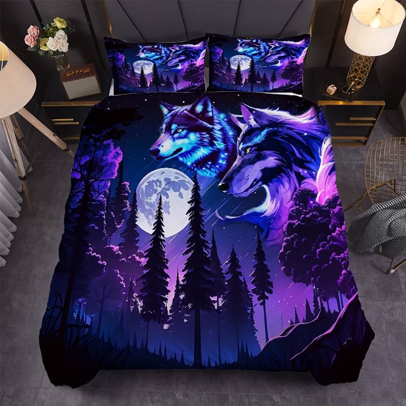 Wolf Bedding Set Starry Sky Forest Wolf Duvet Covers Purple