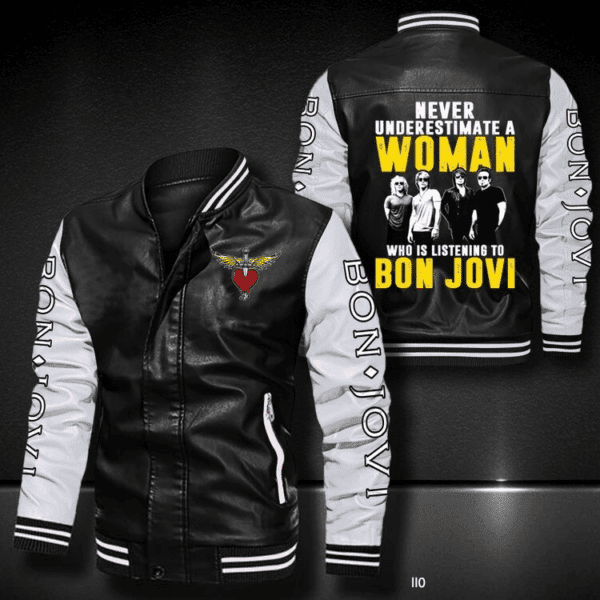 Never Underestimate A Woman Who Is Listening To Bon Jovi Music Band 5k604 Gifts Lover Leather Bomber Jacket 31