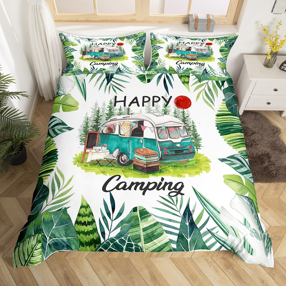 Camping Bedding Set Happy Camping RV Car In Forest Duvet Covers White