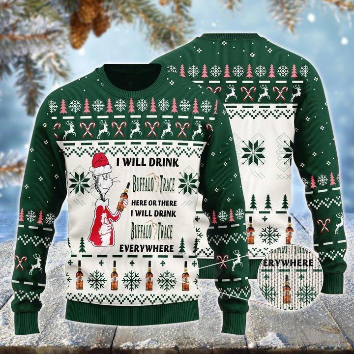 Buffalo Trace Cat Hat Will Drink Everywhere Ugly Christmas Sweater
