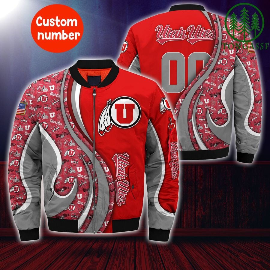 Utah Utes Custom Number Red Grey Bomber Jacket