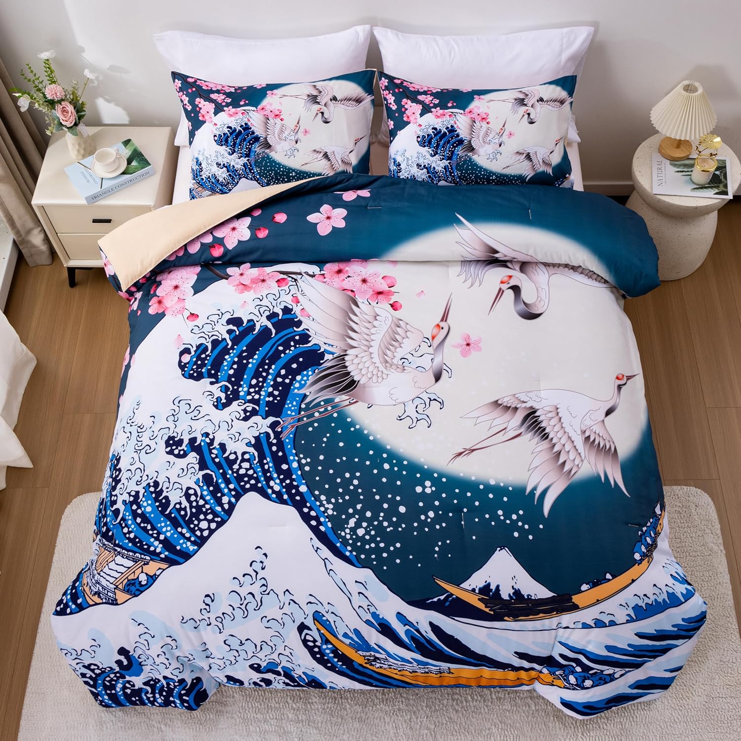 Japan Bedding Set Cherry Blossoms Crane And The Great Wave Duvet Covers Blue