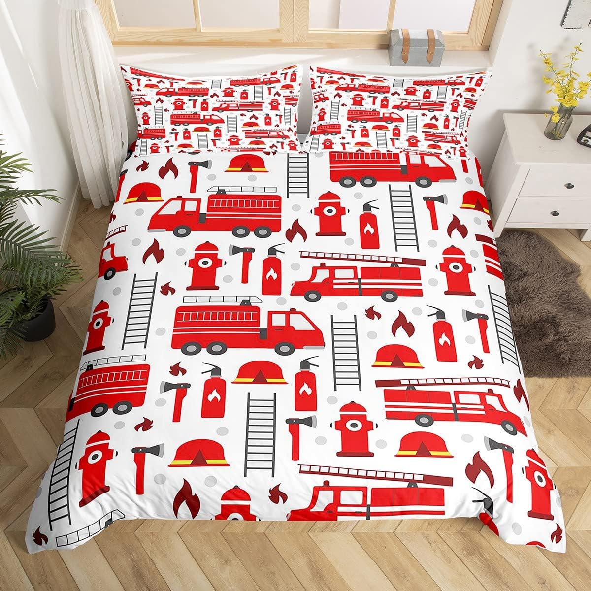Firefighter Bedding Set Fire Truck Helmet Ladder Fire Extinguisher Pattern Duvet Covers White