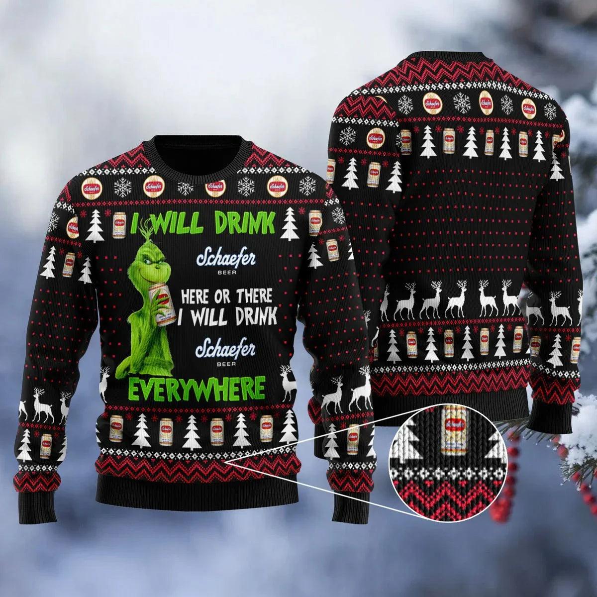 Schaefer Grinch Will Drink Everywhere Ugly Christmas Sweater