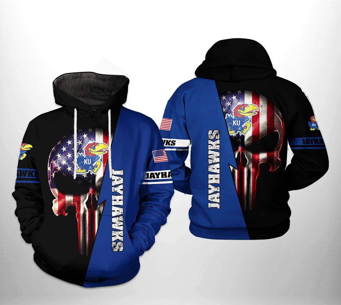 Kansas Jayhawks US Flag Skull 3D All Over Print Hoodie & Zip Hoodie