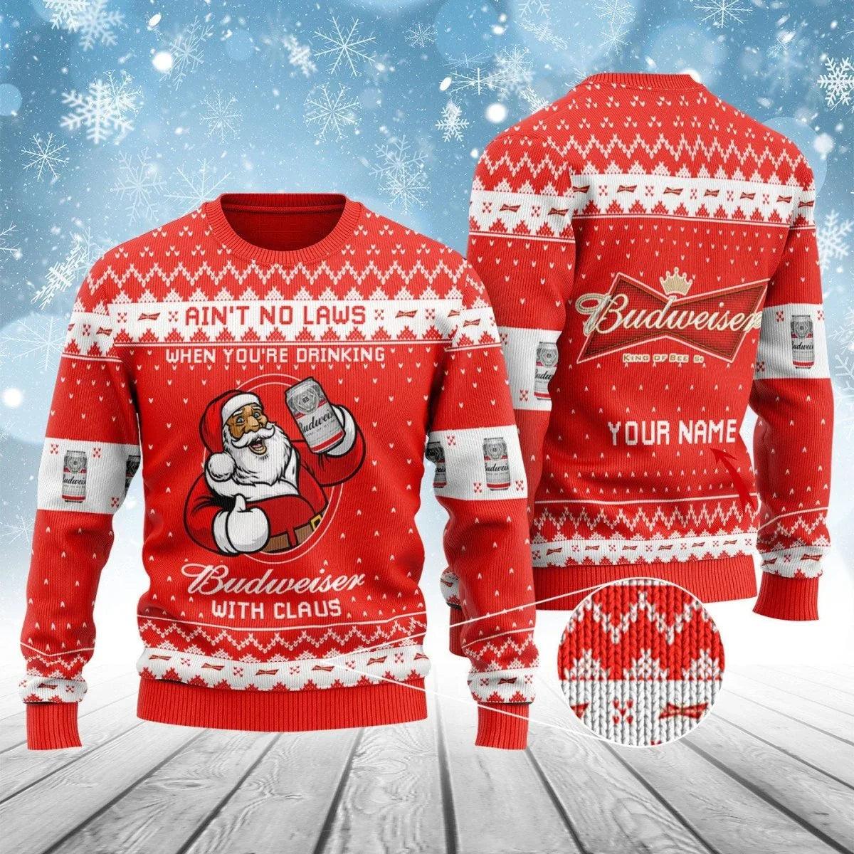 Personalized Budweiser With Claus Ugly Christmas Sweater