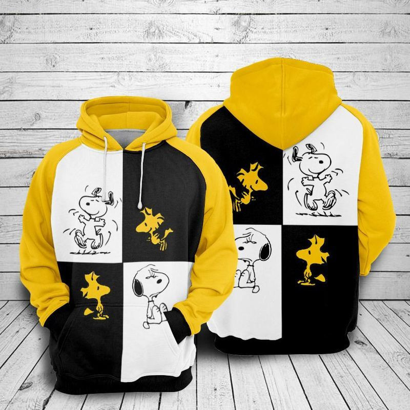 Snoopy And Woodstock Black & Yellow Over Print 3d Hoodie Zip Hoodie