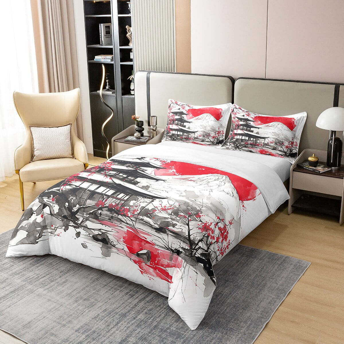 Japan Bedding Set Cherry Blossoms And Mount Fuji Duvet Covers White