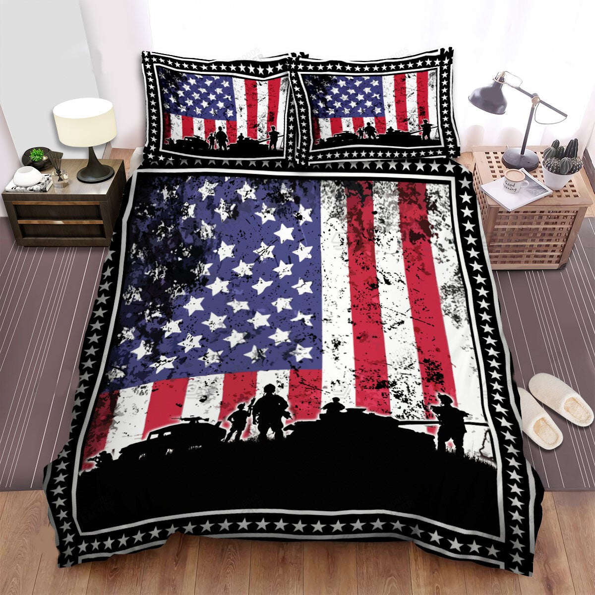 Veteran Bedding Set American Flag Battlefield Sihouette Duvet Covers Black