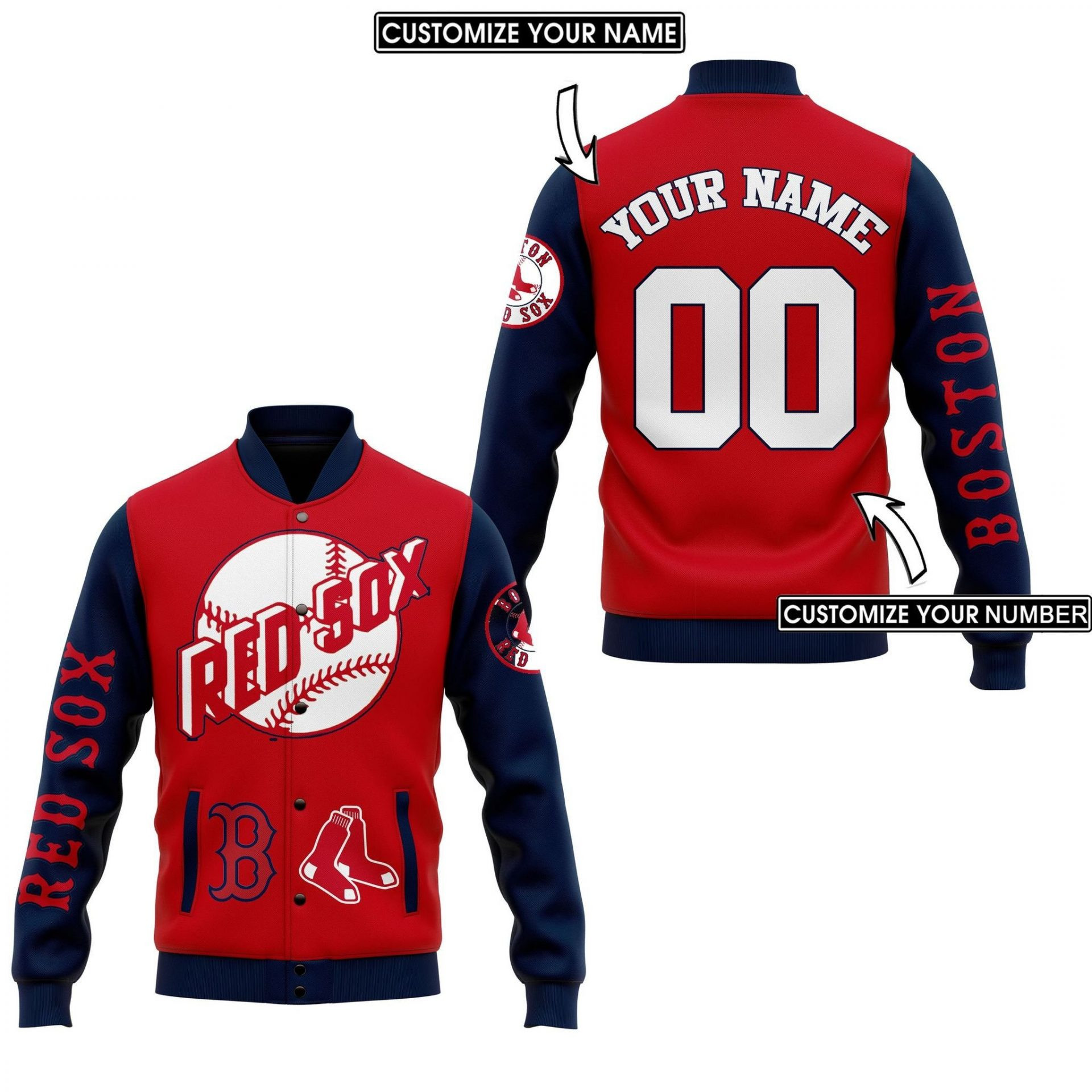 Boston Red Sox Custom Name Number Red Navy Baseball Jacket